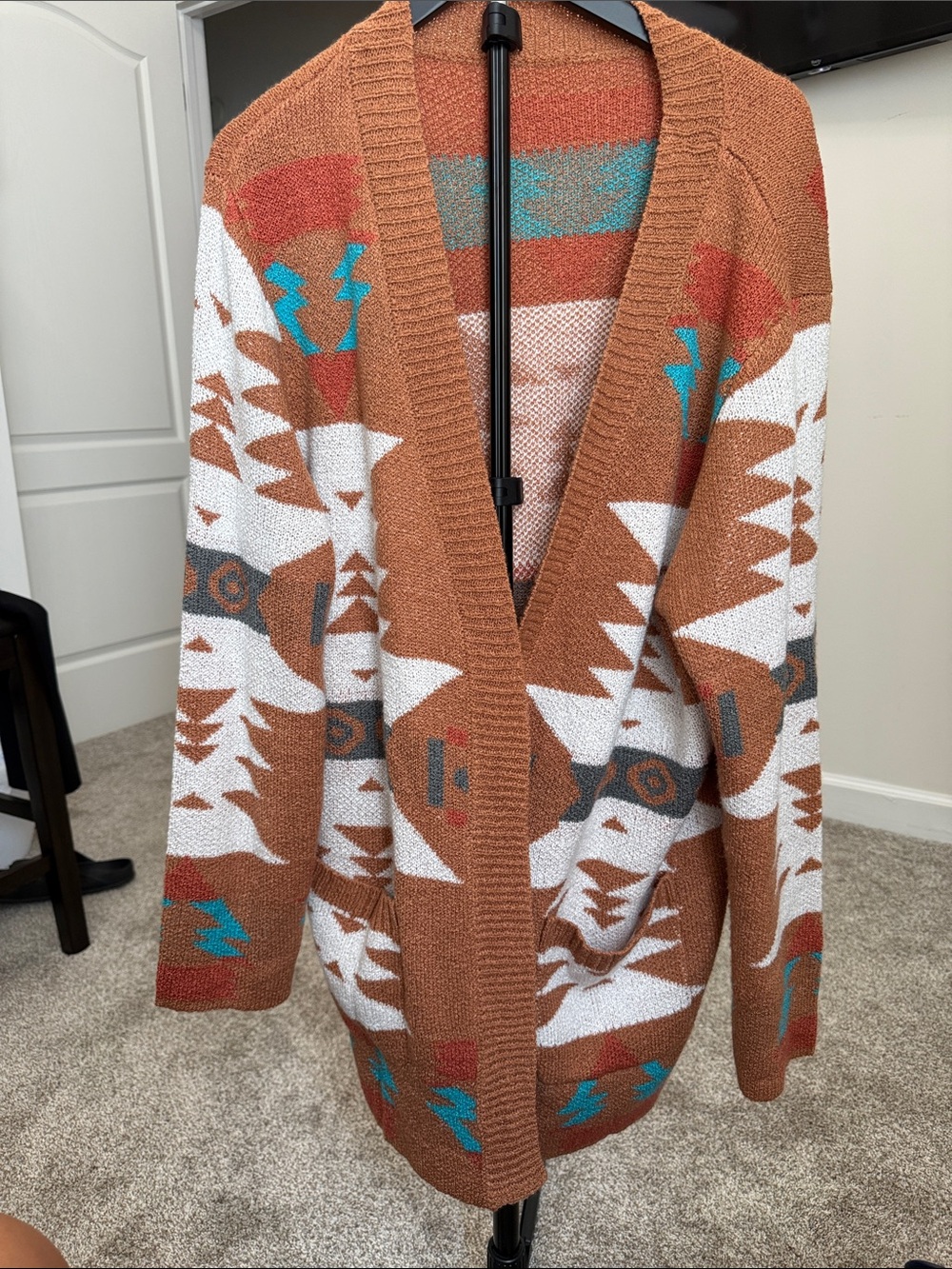 Open-Front Rust Aztec Knit Cardigan with Teal Accents
